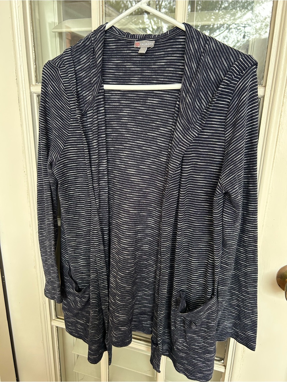 Talbots Navy and White Striped Hooded Open Cardigan